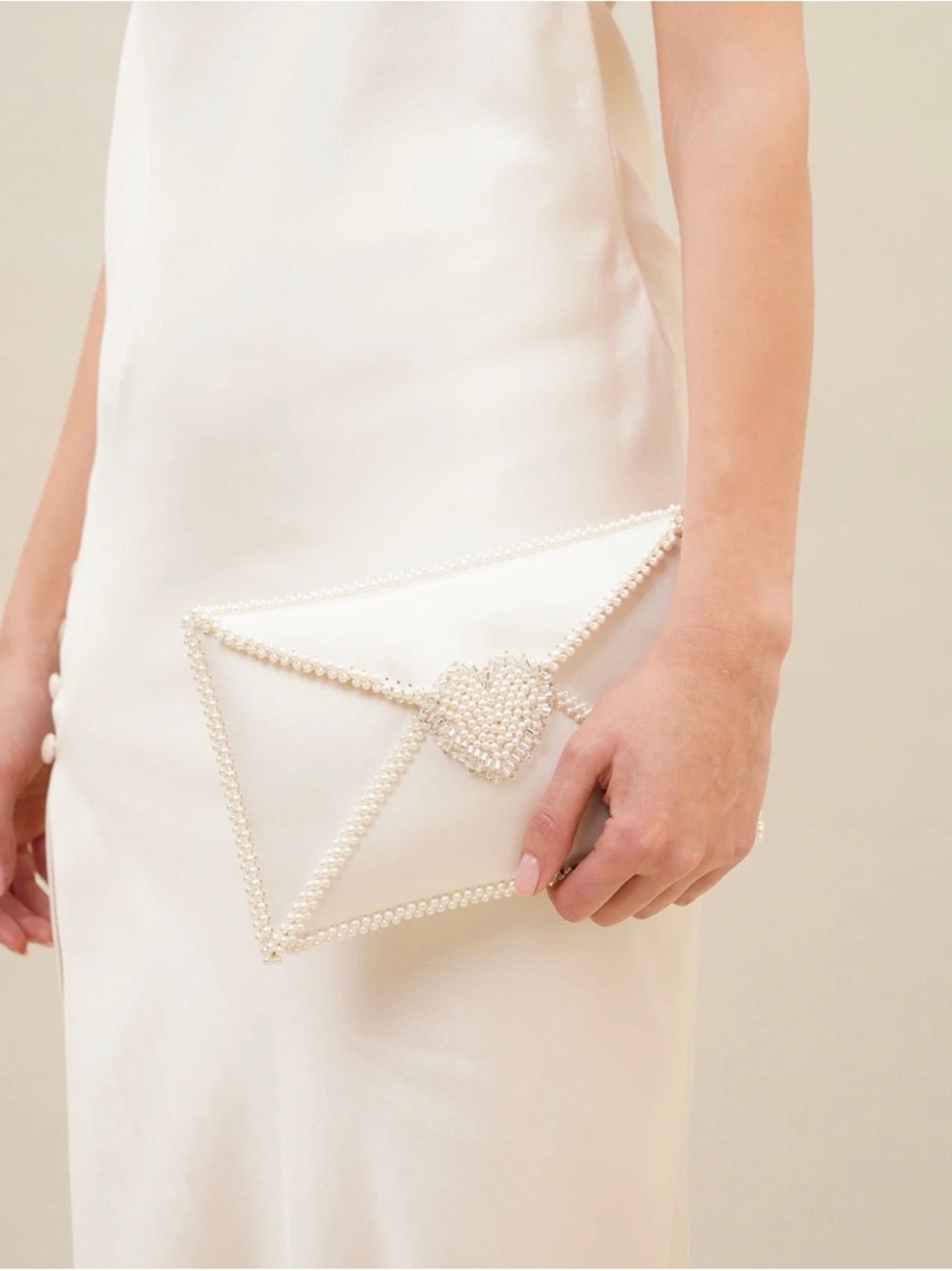 Vanina Love Letter Pearl-Trimmed White Envelope Clutch with Heart Accent